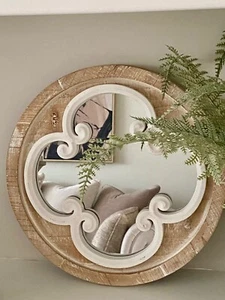 Shabby Chic Round Wall Hanging Wooden Mirror, Natural & White finish, Home Decor - Picture 1 of 7
