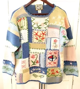 Maglione maglia pesante patchwork floreale vintage cimelio da collezione taglia M - Foto 1 di 4