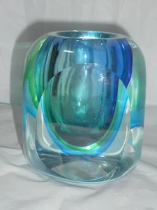 Jarrón Sommerso Vidrio Artístico Murano Geométrico Mediados de Siglo Italia Moderna Verde Azul - Imagen 1 de 12