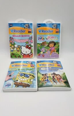 Lot of 4 Vtech VReader Games Cartridges Hello Kitty Dora TinkerBell Spongebob - Image 1 of 4