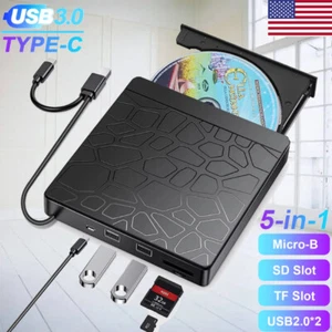 External CD DVD Drive for Laptop 5-in-1 USB 3.0 Type-C CD DVD ROM Burner Writer - Picture 1 of 10