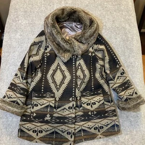 Roz & Ali Faux Fur Coat Women's Size 18 - 20 Aztec Pattern Brown Blanket Coat - Picture 1 of 16