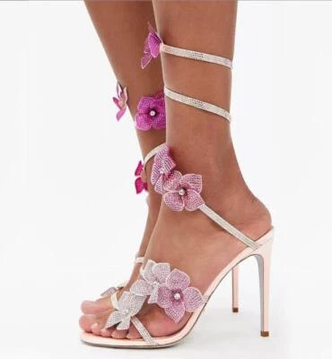 Sandálias femininas florais decoração strass biqueira aberta salto alto tiras no tornozelo - Imagem 1 de 4