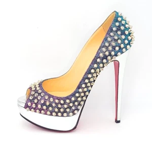 Décolleté CHRISTIAN LOUBOUTIN Lady Peep Spike 150 Tacchi 36 Argento Viola Turchese - Foto 1 di 10