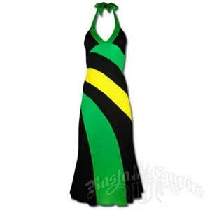Jamaican Long Halter Dress Black, Yellow Green Stripes - Picture 1 of 1