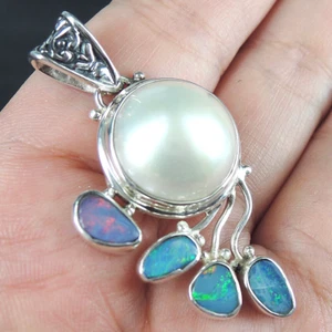 925 Sterling Silver Doublet Opal & White Mabe Pearl Pendant Jewellery, OP-01 - Picture 1 of 6