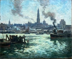MARCEL PARTURIER TABLEAU MARINE PEINTURE ORIGINALE 1950 L’ESCAUT PORT ANVERS - Picture 1 of 8