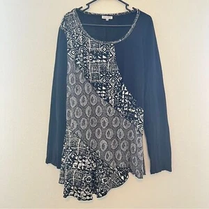 Adore XXL Black Gray Asymmetrical Hem Geometric Boho Tunic Top Long Sleeve - Picture 1 of 8