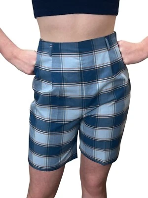 Bermuda de algodão xadrez azul cintura alta tamanho S vintage anos 60 26 polegadas zíper lateral - Imagem 1 de 4