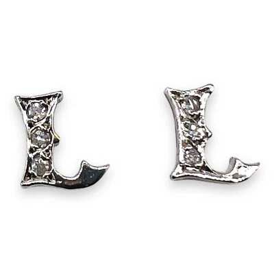 14K Solid White Gold Diamond Letter L Initial Stud Earrings - Image 1 of 4