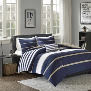 NUOVO!~ ACCOGLIENTE SET PIUMINO SPORTIVO SPIAGGIA NAUTICA BLU NAVY BIANCO A RIGHE MODERNE - Foto 1 di 3