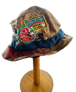 Vintage 70s - Samyoung Korea Burlap Bucket Hat –Santa Cruz & H/wood Surf Patches - Picture 1 of 9