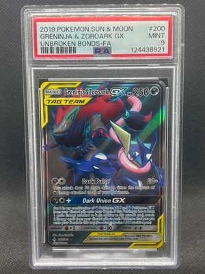 2019 PSA 9 MINT POKEMON SUN & MOON UNBROKEN BONDS FULL ART GRENINJA & ZOROARK GX - Image 1 of 2