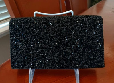 Bolso sin asas vintage de los años 50 FUJI BAG con cuentas NEGRO con solapa frontal 7,5 x 4,5" JAPÓN Foto 1 de 4