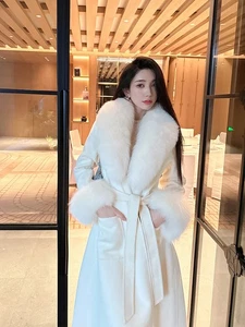 Womens Luxury Wool Coat Jacket Fashion 100% Real Fox Fur Collar Cashmere Jackets - Picture 1 of 24