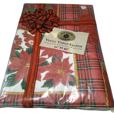 POINSETTIA CHRISTMAS 52 X 90 VINYL TABLECLOTH "SULTAN'S LINENS" VINTAGE NEW - Image 1 of 4