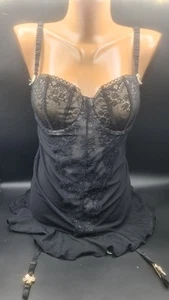 Newlook Black Ruffle Bow Detail Lace Padded Underwired Basque+ Suspenders UK 14 - Picture 1 of 6