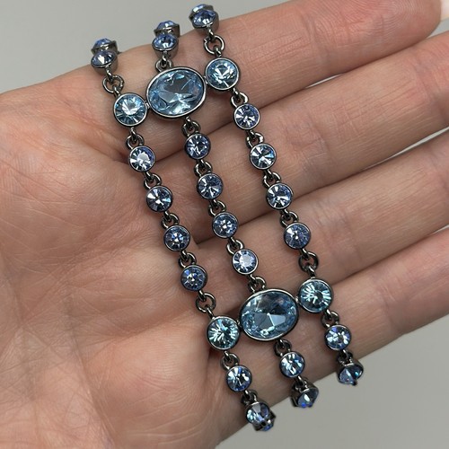 Bracciale Vintage Givenchy Tono Argento Gunmetal Strass Blu Doppio Filo 6”