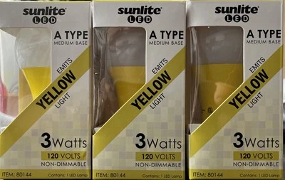3 Pc Lot LED A Type Color Yellow 3W Light Bulb Medium E26 Base Sunlite 80144 P1 - Image 1 of 4