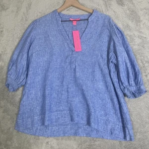 Lilly Pulitzer Maleigh Top Women’s 14 Large Blue 100% Linen Elbow Sleeve Coastal - Picture 1 of 17