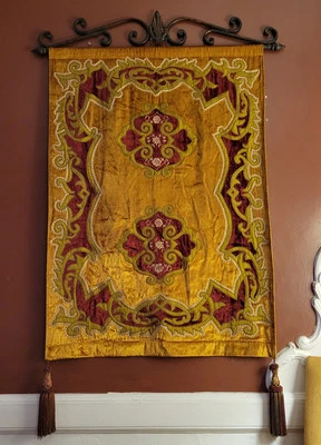Embroidered India Wall Tapestry Brown Orange w/ Ornate Rod High-End Decor 36x50" - Image 1 of 4