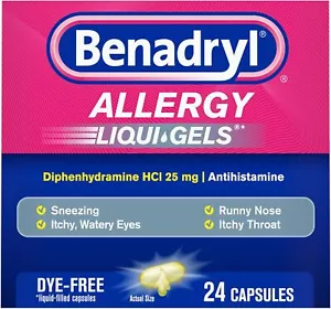 Antihistamine Allergy Medicine & Cold Symptom Relief, Dye-Free Liquid Gels - Picture 1 of 5