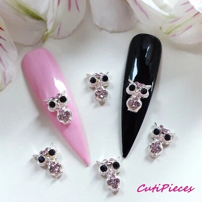 NAIL DECORATION 3D Nail Art Halloween *Diamanté Pink Silver Rhinestone Owls* Alloy Metal Craft