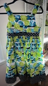 Bonnie Jean Cotton Floral Dress Polkadots Lime Green Blue Size 16 Girls Spring - Picture 1 of 10
