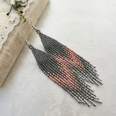 Gray pink long seed bead fringe earrings Handmade chandelier dangle earrings - image 1 of 4