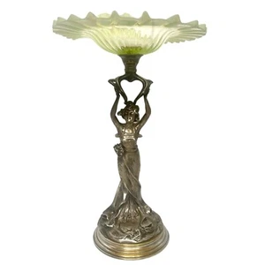 Large Antique Silver Plated Figurine Woman Uranium Glass Bowl 19" RARE UNIQUE - Picture 1 of 8