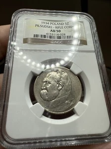 1934 Poland 5 Zlote Rifle Corps NGC AU50 - Picture 1 of 3