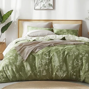 Olive Green King Comforter Set - King Size Comforter Set, 3 Pieces Cute Floral B - Picture 1 of 12