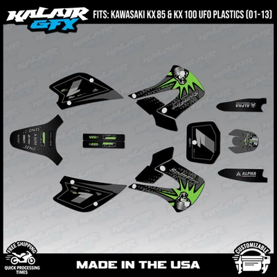 Kit de gráficos para Kawasaki KX85 KX100 UFO Restyle (2001-2013) Lancaster-GRN-SHFT - Imagem 1 de 4