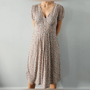 Naf Naf Floral Village gefüttertes Sommer Midikleid Gr. 40 / M ?? Reißverschluss Beige Blau - Bild 1 von 16