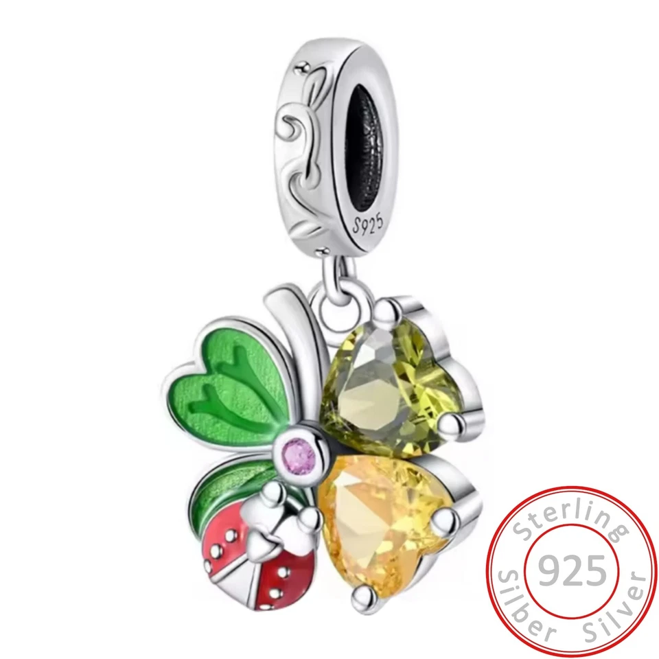 Charms Anhänger Kleeblatt Marienkäfer Herz Glück Damen Arm 925er Sterlingsilber - Bild 1 von 1