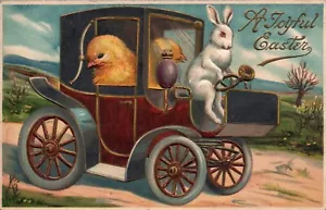 EASTER POSTCARD "A Joyful Easter" Rabbit Driving Two Chicks in Early Car 1909 - Picture 1 of 2