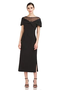 JS COLLECTIONS Black Sheer Yoke Twist Pleated Stretch Crepe Slit Midi Dress 12 L - Picture 1 of 6