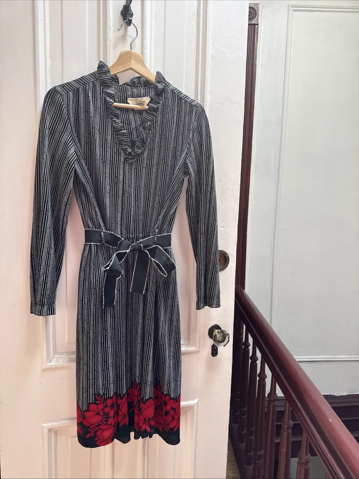 Винтажный 1980-х годов Sears платье и пояс размер 13/14 гибкий талии оборкой воротник как есть - Изображение 1 из 4