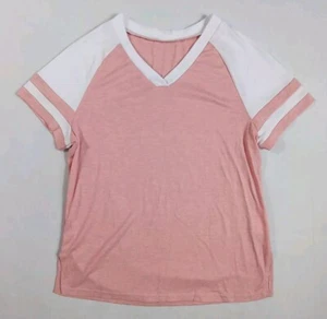 Baseball Raglan Color Block Shirt Short Sleeve V Neck Tee Girls Size 8-10 Pink - Picture 1 of 6