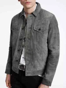 Outdoor Men's Latest Button Front Real Genuine Grey Stylish Suede Jacket Pockets - Picture 1 of 7