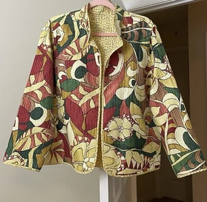 Quilted Blazer Open Front Gold Floral Leopard Artsy Bohemian Gypsy Women's XL - Picture 1 of 2