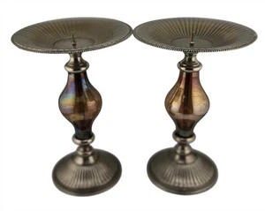 VTG TWO (2) ZODAX Candle Holders Amber Glass 8.5" Pillar Silver Plated India MCM - Picture 1 of 7