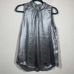 Maeve by Anthropologie 10 Satin Halter Mock Neck Top Blouse Silver Sleeveless - Picture 1 of 10