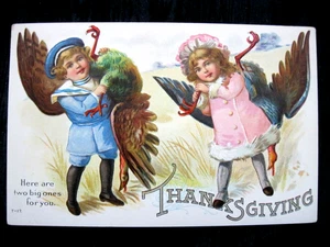 Cartolina d'epoca 1916 GRAZIE in rilievo BELLISSIMA bambini trasporto tacchini - Foto 1 di 2