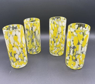 Set of 4 Yellow White Brushstroke Hand Blown Art Glass 6” Highball Water Glasses - Image 1 of 4