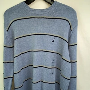 Nautica Sweater Mens Size Medium Blue Black Light Gray Stripes NEW - Picture 1 of 7