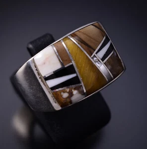 Size 8-3/4 Silver & Tiger Eye Multistone Navajo Inlay Mens Ring by Vee Joe 4L22L - Picture 1 of 6