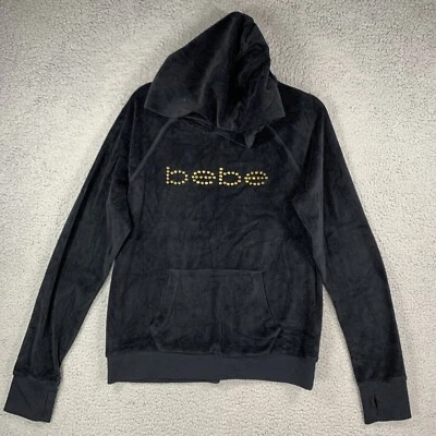 Bebe 运动丝绒连帽运动套装上衣中号黑色串珠标志拇指孔 Y2K — 第 1/4 张图片