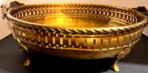 15" X 10 1/2" Fancy Oval Brass Basket Bowl Hammered Grapes Footed Rope Edge - Picture 1 of 11