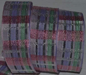 Wired Ribbon~Semi-Sheer Metallic Pastel Plaid~Pink~Purple~Mint Green~1.5"~Bow - Picture 1 of 2